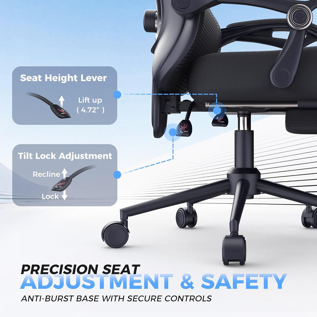 Ergonomic Office Chair with Footrest - Adjustable Lumbar Support & Headrest, 90-160° Reclining Mesh Back Computer Chair - Home Office/Gaming, 350lbs Capacity