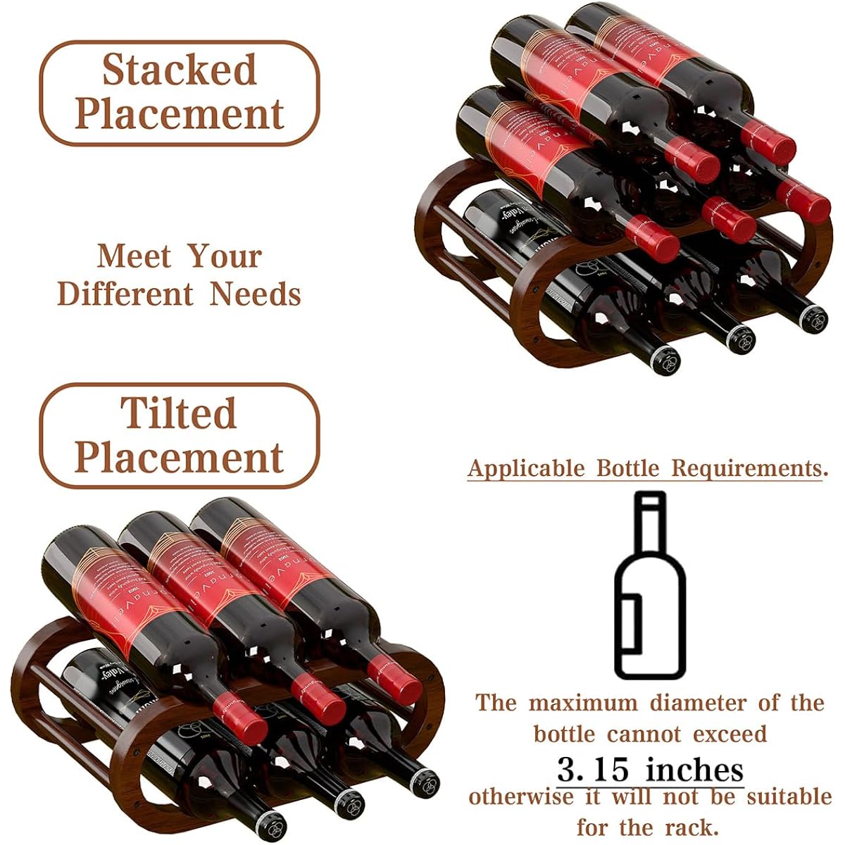 Peker Wine Rack – Small Countertop Wine Rack & Wine Bottle Holder For Cabinet And Countertop, Stylish Natural Wood Wine Holder Claret