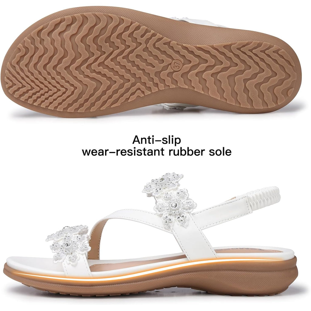 Temofon Sandals For Women Flat Dressy Summer Flower Sandals With Ankle Strap Comfortable Casual Walking Flat Sandals Size 5-11