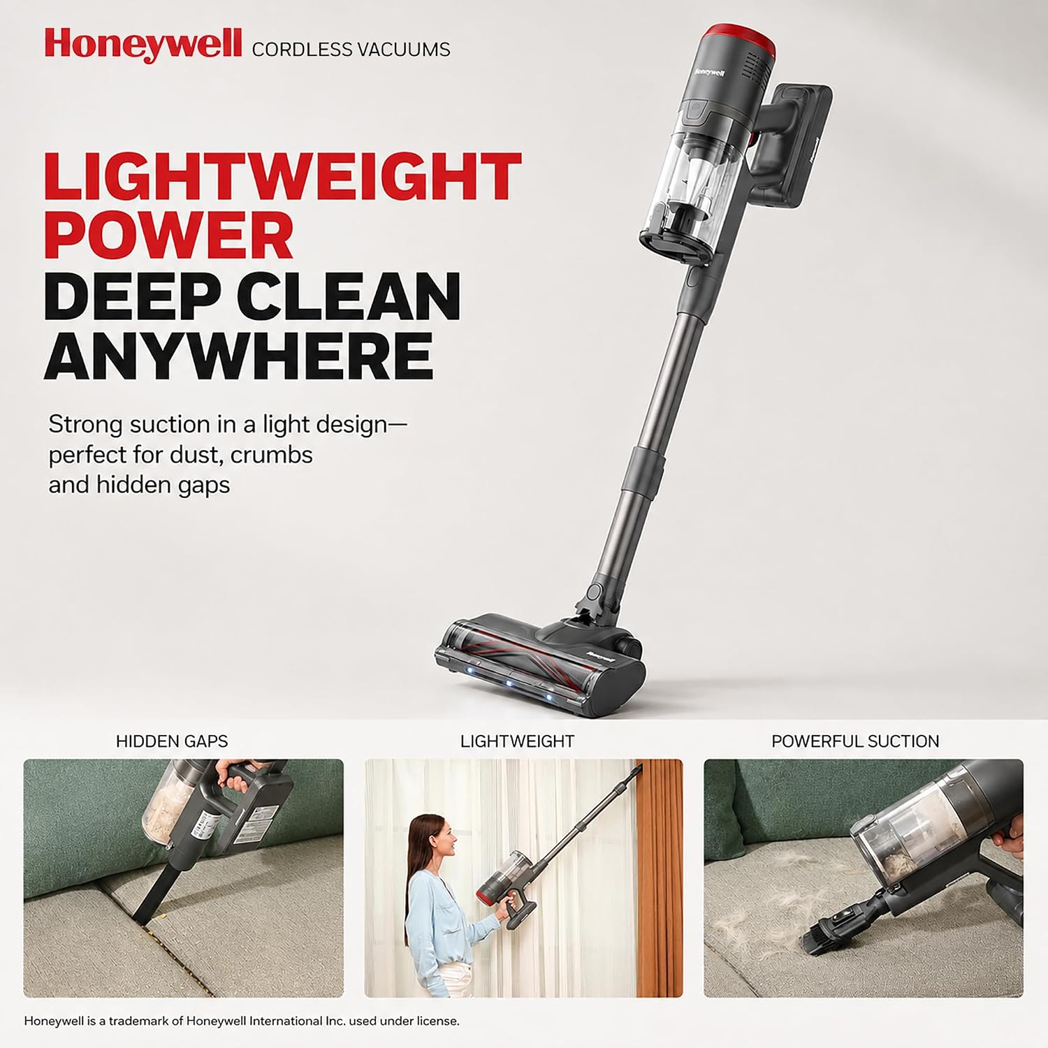 Honeywell Dual Mode Cordless Vacuum Cleaner, Brushless Stick Vacuum Cleaner For Carpet And Hard Floor W/Powerful Suction, Free‑Standing, Anti‑Tangle, 45Mins Runtime, Rechargeable For Home Pet Hair Vc6
