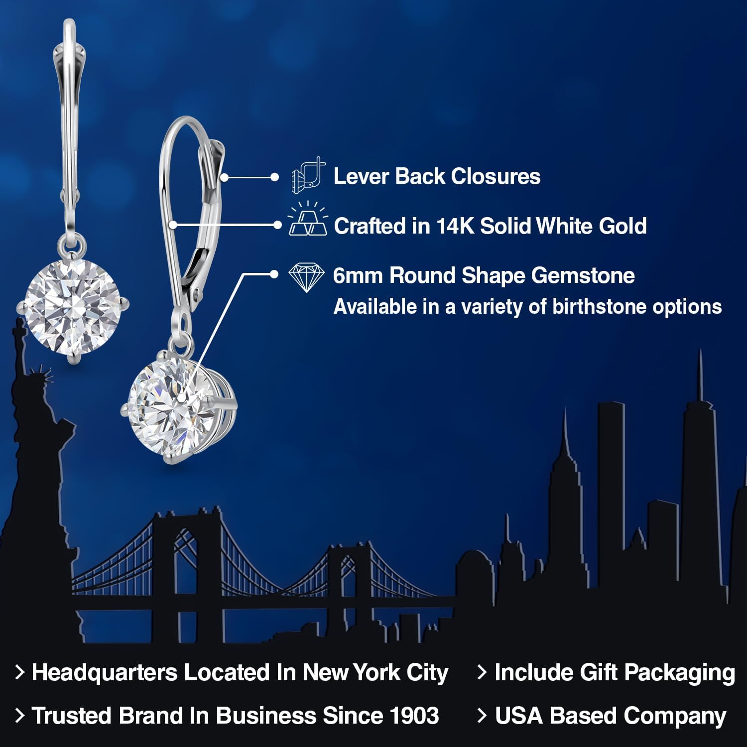 Gem Stone King 0.50-1.50 Cttw Round Lab Grown Diamond Leverback Dangle Earrings for Women | 14K White Gold | E-F Color | VVS-VS Clarity | April Birthstone | Jewelry Gifts for Mom Wife Her