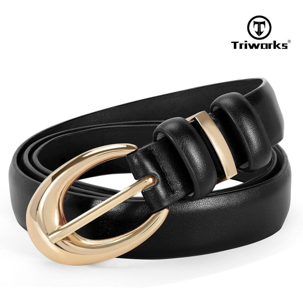 TRIWORKS 2 Pack Women Leather Belt for Jeans Pants Fashion Ladies Skinny Faux Leather Belt with Gold Buckle