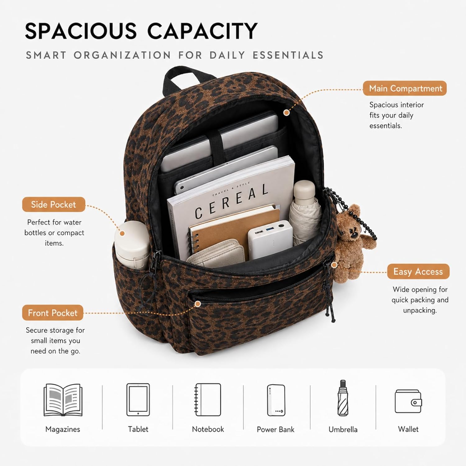Fashion Cheetah Backpack Shoulder Bag, Trendy Y2K Design Daypack Bookbag Leopard Print Coquette Purse Women Men Daily (Brown)