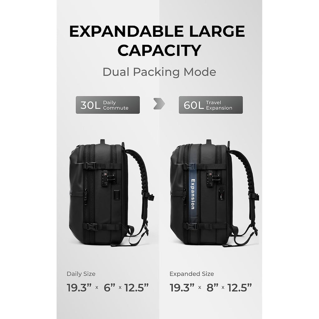 Airvault Vacuum Seal Travel Backpack 60L With Expandable Hyperseal Air Compression Vacuum System Water Resistant Tsa Lock (Vacuum Pump Included, Black, 60L)