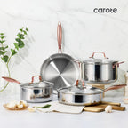 CAROTE 21pcs Tri-Ply Stainless Steel Cookware Set, Pots and Pans Set, Non Toxic Induction Kitchen Cooking Sets, Cookware Collection, Mirror Polish, Gold