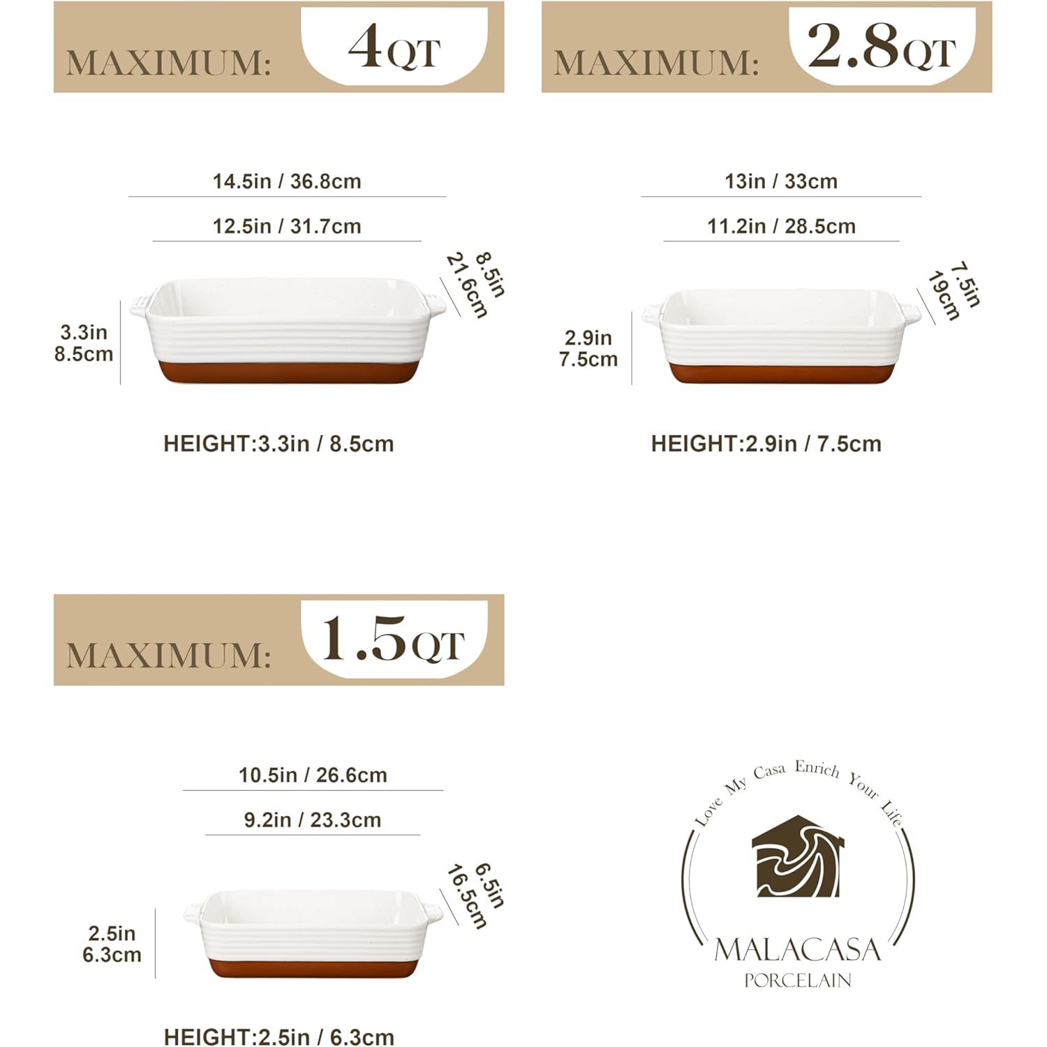 MALACASA Casserole Dishes for Oven, Ceramic Baking Dishes Set of 3, Baking Pan Casserole Dish Set, Rectangular Lasagna Pan Deep with Handles for Baking, Khaki White (14.5''/13''/10.5''), Series TARA