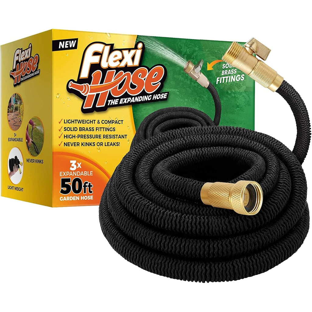 Flexi Hose Lightweight Expandable Garden Hose, 50Ft - Retractable Garden Hose, Water Hose - No-Kink Flexibility, 3/4 Inch Solid Brass Fittings And Double Latex Core