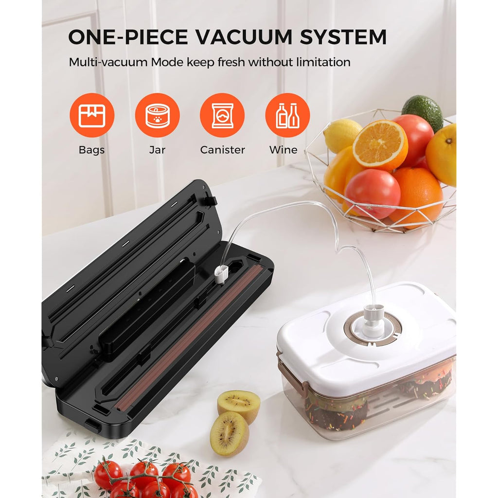 Vacuum Sealer Machine 75KPa Food with 6-in-1 Dry/Moist Modes & Digital Timer, Compact Lightweight Design, Built-in Cutter + 10 Bags (Black Silver)