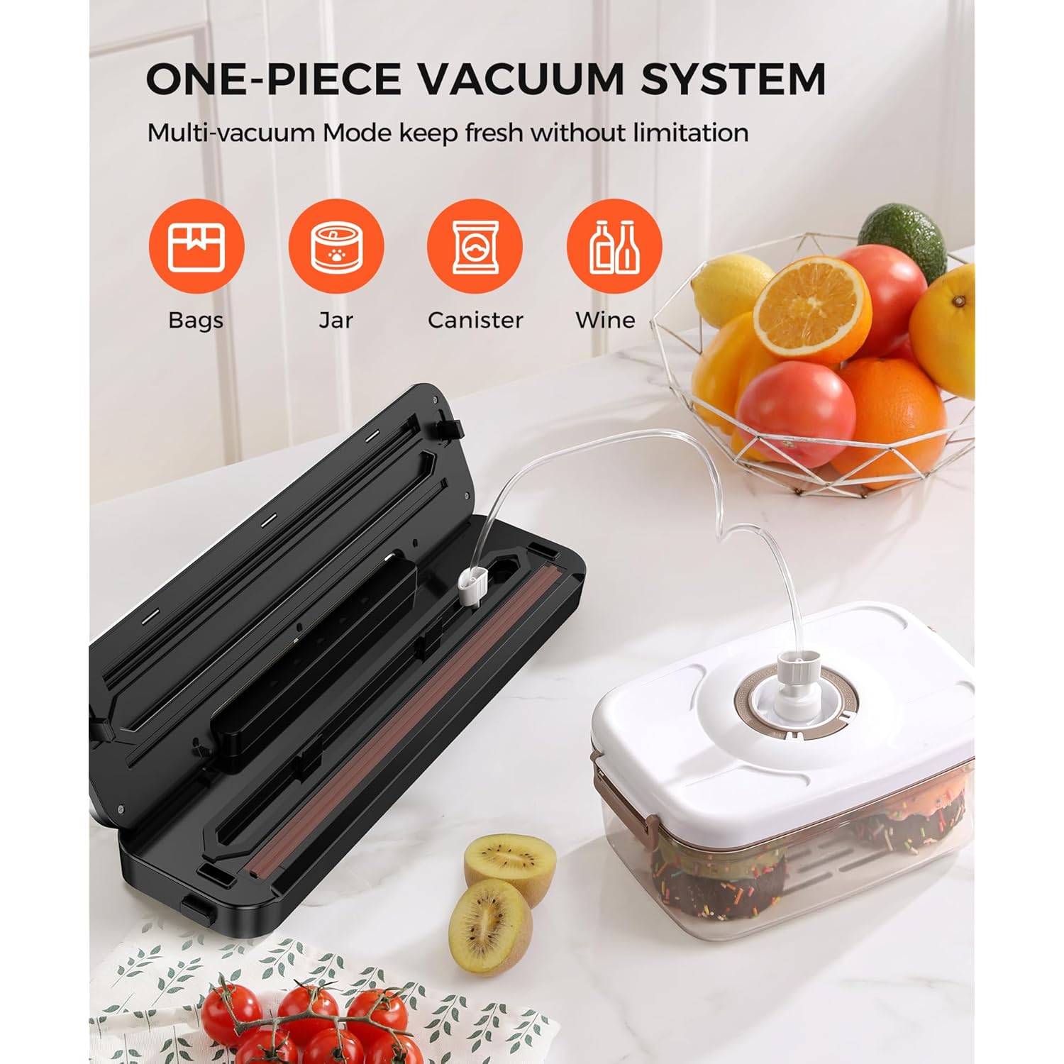 Vacuum Sealer Machine 75KPa Food with 6-in-1 Dry/Moist Modes & Digital Timer, Compact Lightweight Design, Built-in Cutter + 10 Bags (Black Silver)