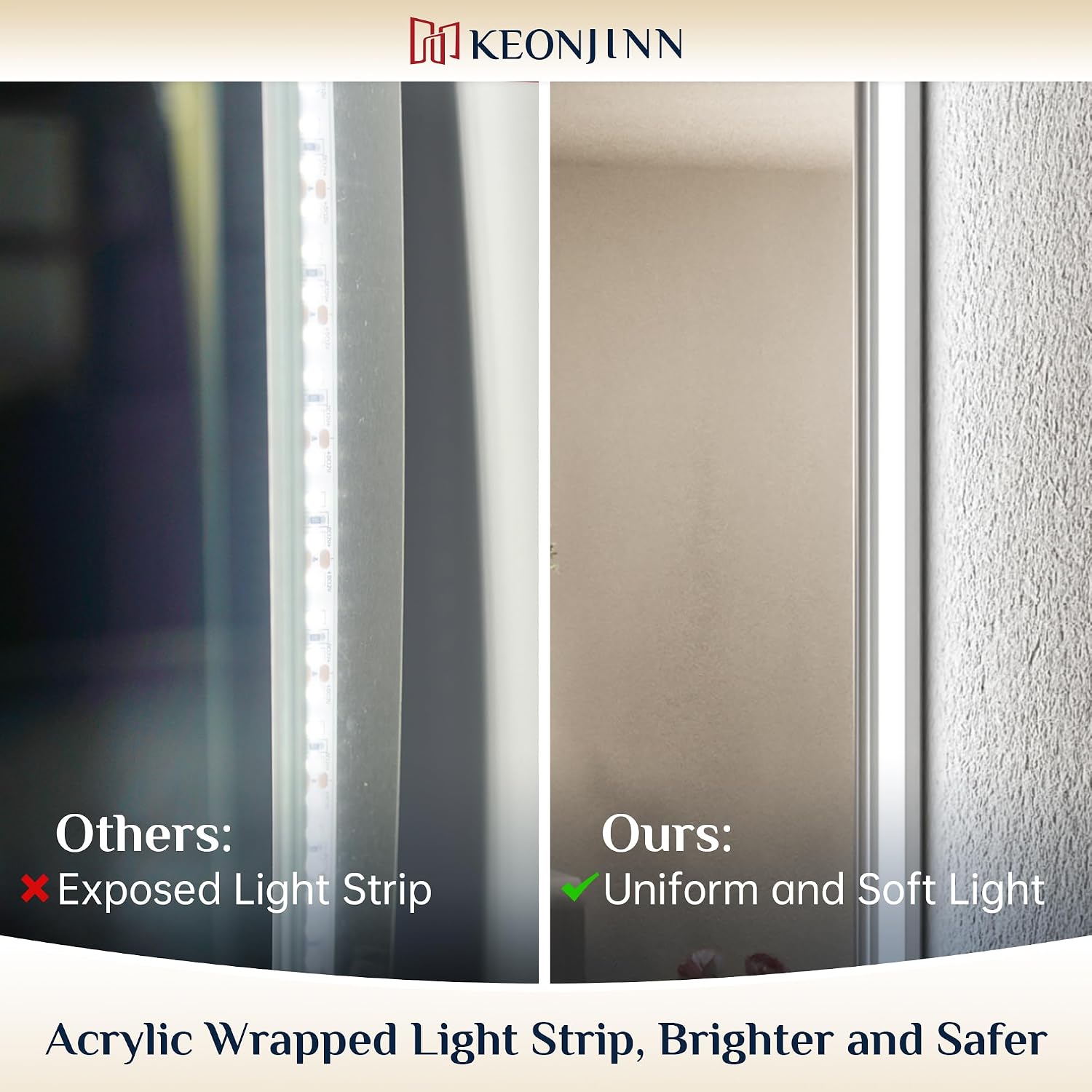 Keonjinn 72 X 36 Inch Led Bathroom Mirror With Lights, Backlit Mirror 3 Colors Lights, Hd Tempered Glass, Safe Defogging, Stepless Dimmable, Ul Listed Power Driver, Wall Mounted Lighted Vanity Mirror