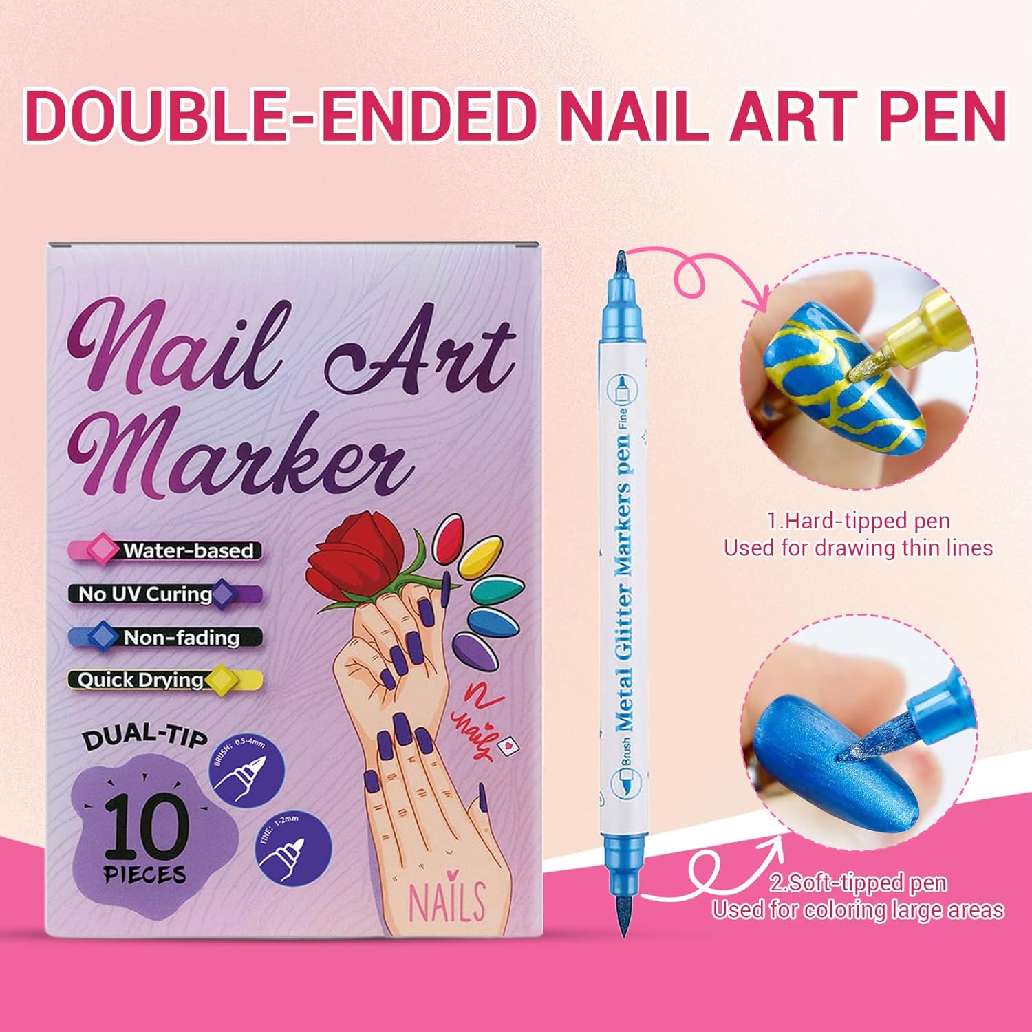 10 Colors Dual-Tip Nail Art Pens, Nail Polish Art Marker Set Fine & Brush Tips for Shading, Outlining & Detailed Nail Drawing, Quick-Dry Nail Art Markers