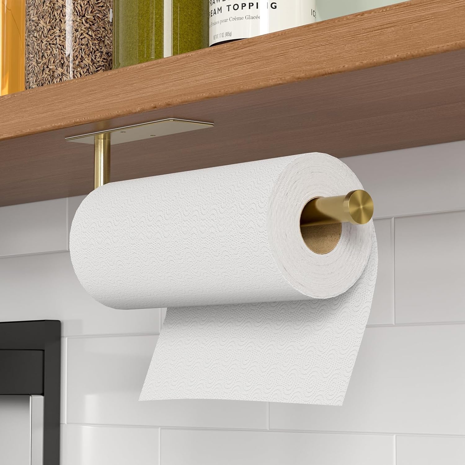 Paper Towel Holder Under Cabinet, Self-Adhesive,No Drilling, Stainless Steel, Wall-Mounted For Kitchen And Bathroom, Easy Install, Durable, Space-Saving, Ideal For Home, Rv (Gold, 1 Pack)