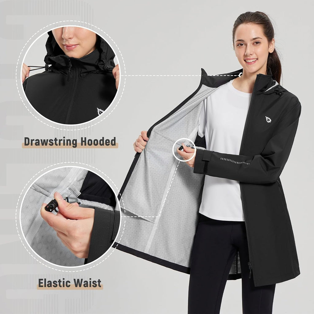 Baleaf Women'S Long Rain Coat Lightweight Packable Rain Jacket With Hood | Waterproof Windbreaker Rain Coat Adjustable Waist, Rain Jacket Women With 2 Deep Secure Zip Pockets