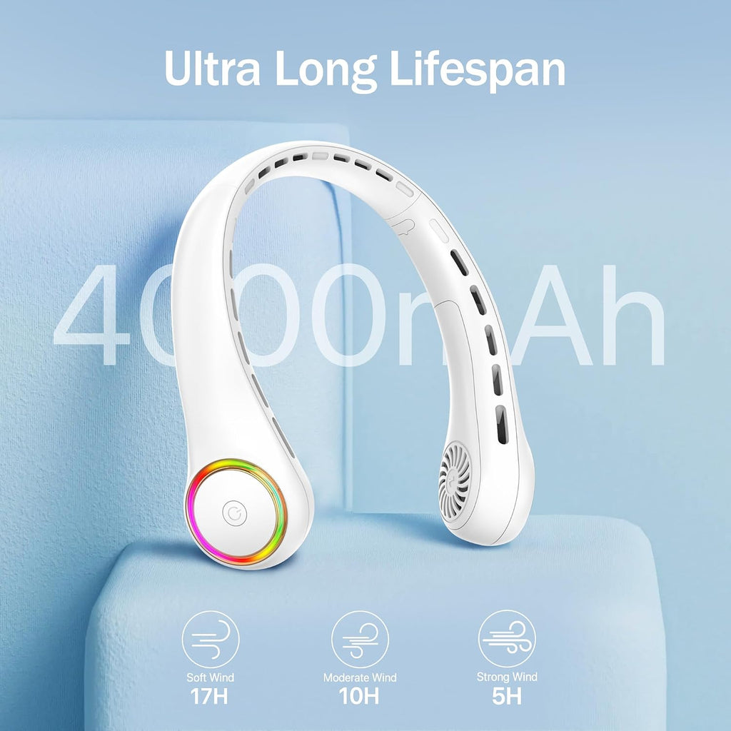Gulaki Portable Neck Fan, Personal Fan With 4000Mah Battery, Rechargeable Neck Fan With 3 Speeds And 64 Cool Lights, Birthday Gifts For Men Women Mom Dad, Hands Free Cooling Fan For Summer(White)