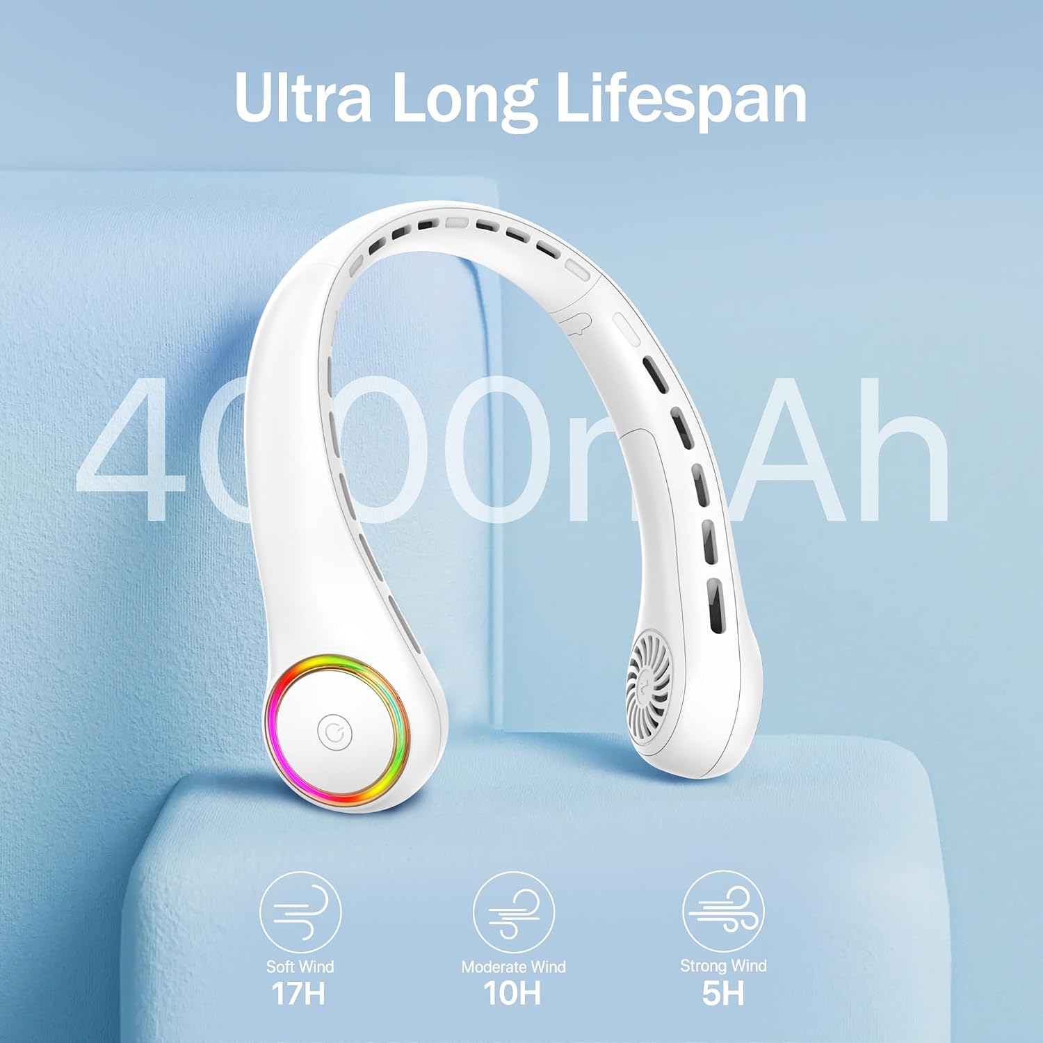Gulaki Portable Neck Fan, Personal Fan With 4000Mah Battery, Rechargeable Neck Fan With 3 Speeds And 64 Cool Lights, Birthday Gifts For Men Women Mom Dad, Hands Free Cooling Fan For Summer(White)