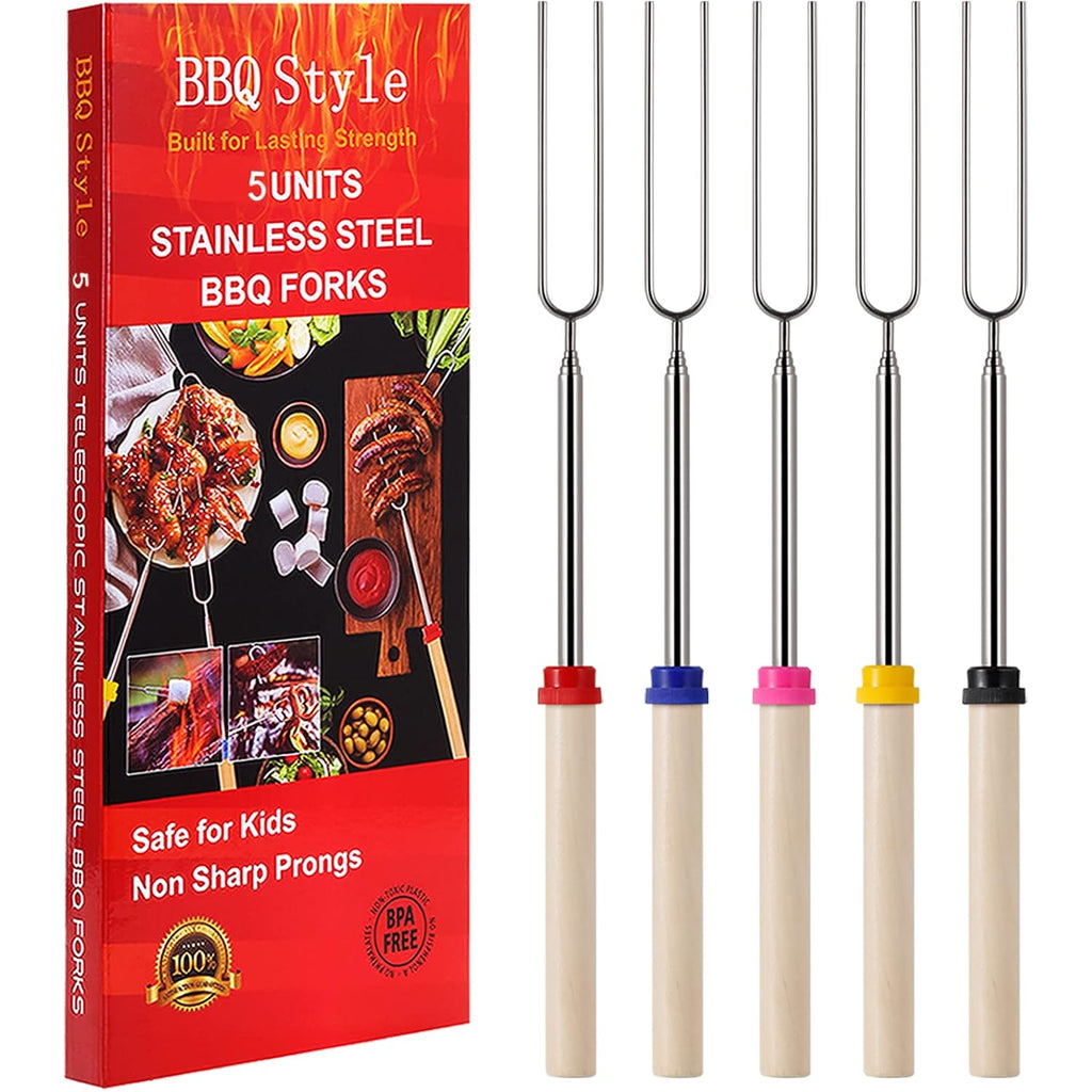 Marshmallow Roasting Sticks, Telescoping Smores Sticks For Open Fire Pit | 32 Inch Long Marshmallow Toasting Barbecue Forks S' Mores Skewers For Campfire Camping Hotdog Hot Dog Bonfire Grill, 5 Pack