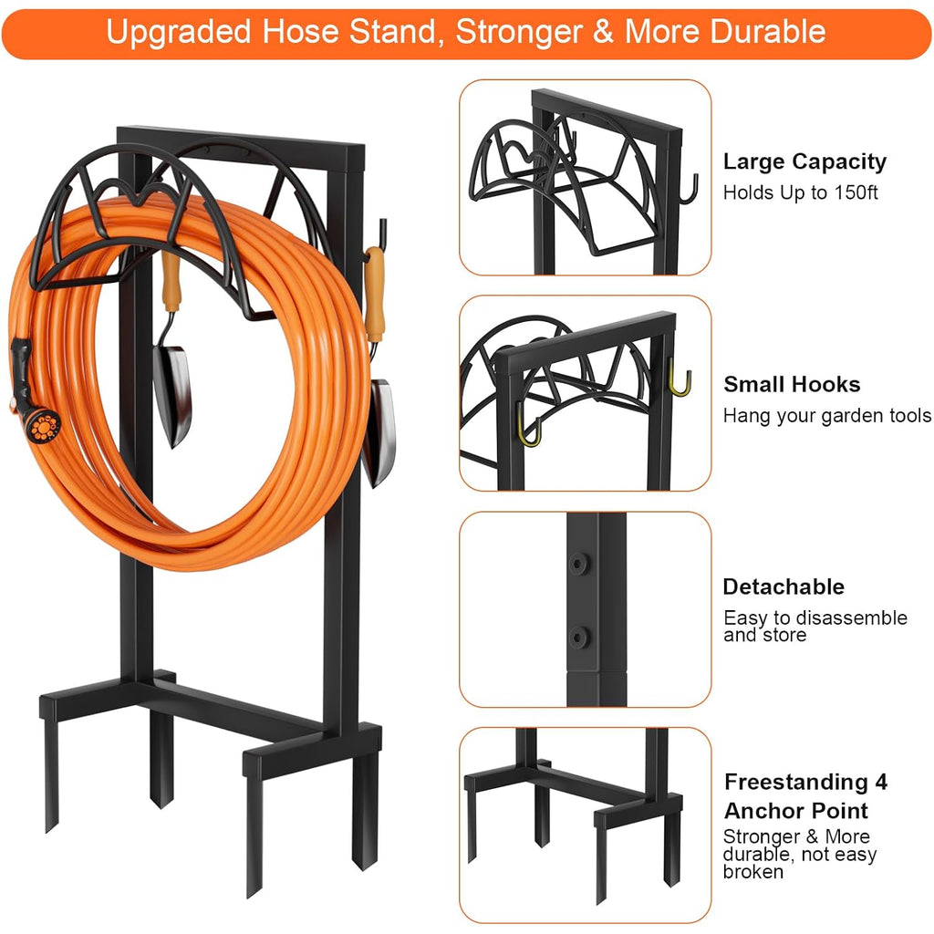 Vygrow Garden Hose Holder, Freestanding Heavy Duty Water Hose Holder For Outside, Upgraded Metal Hose Stand With 4 Spikes, Detachable Garden Hose Storage Hose Reel Rack, Black