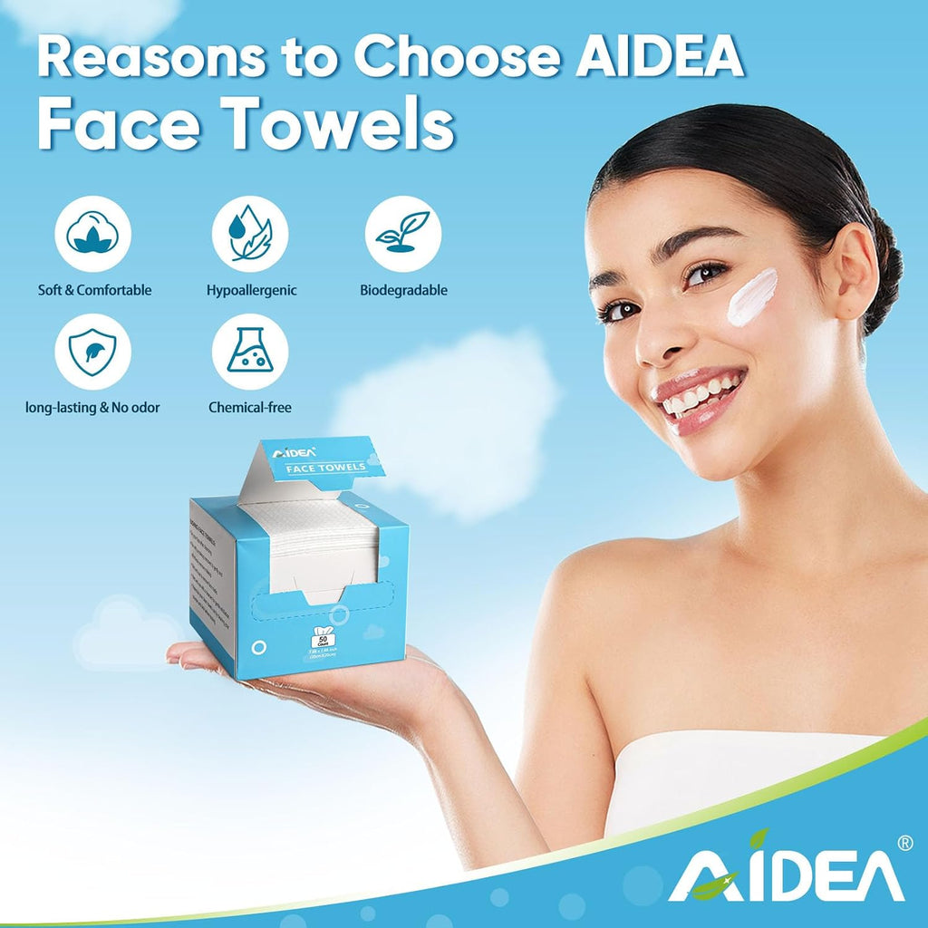 Aidea Face Towels Disposable-100Ct (2 Box), Clean Facial Towelettes For Sensitive Skin, Cleansing Wipes For Makeup Removing, Nursing, Travel, Dry Wipes Face Cloths