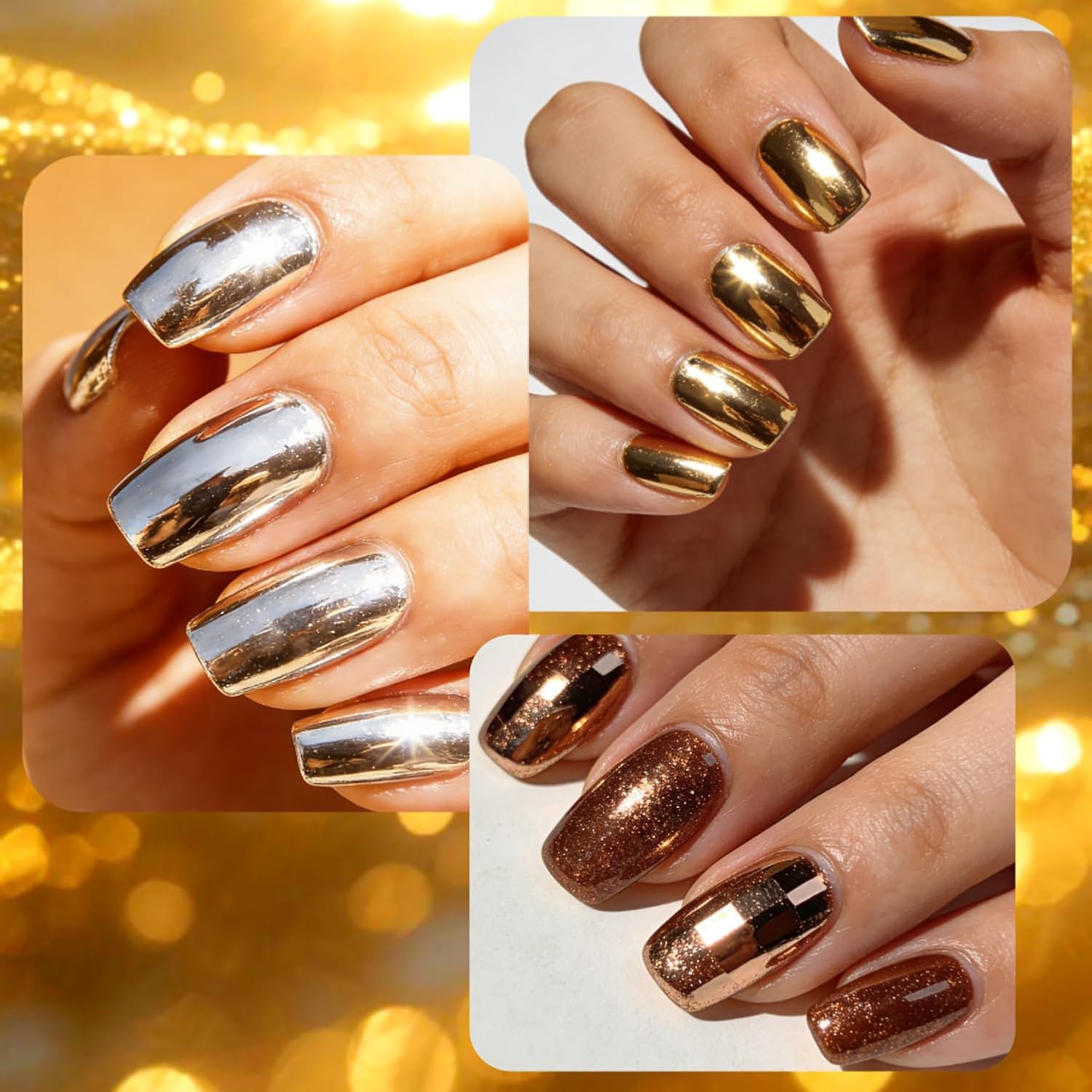 10 Boxes Mirror Nail Art Glitter Powder Holographic Metallic Gold Sliver Dust Sequins UV Gel Nail Chrome Powder for Nails Decoration, Multicolored Gold Chrome Nail Powder