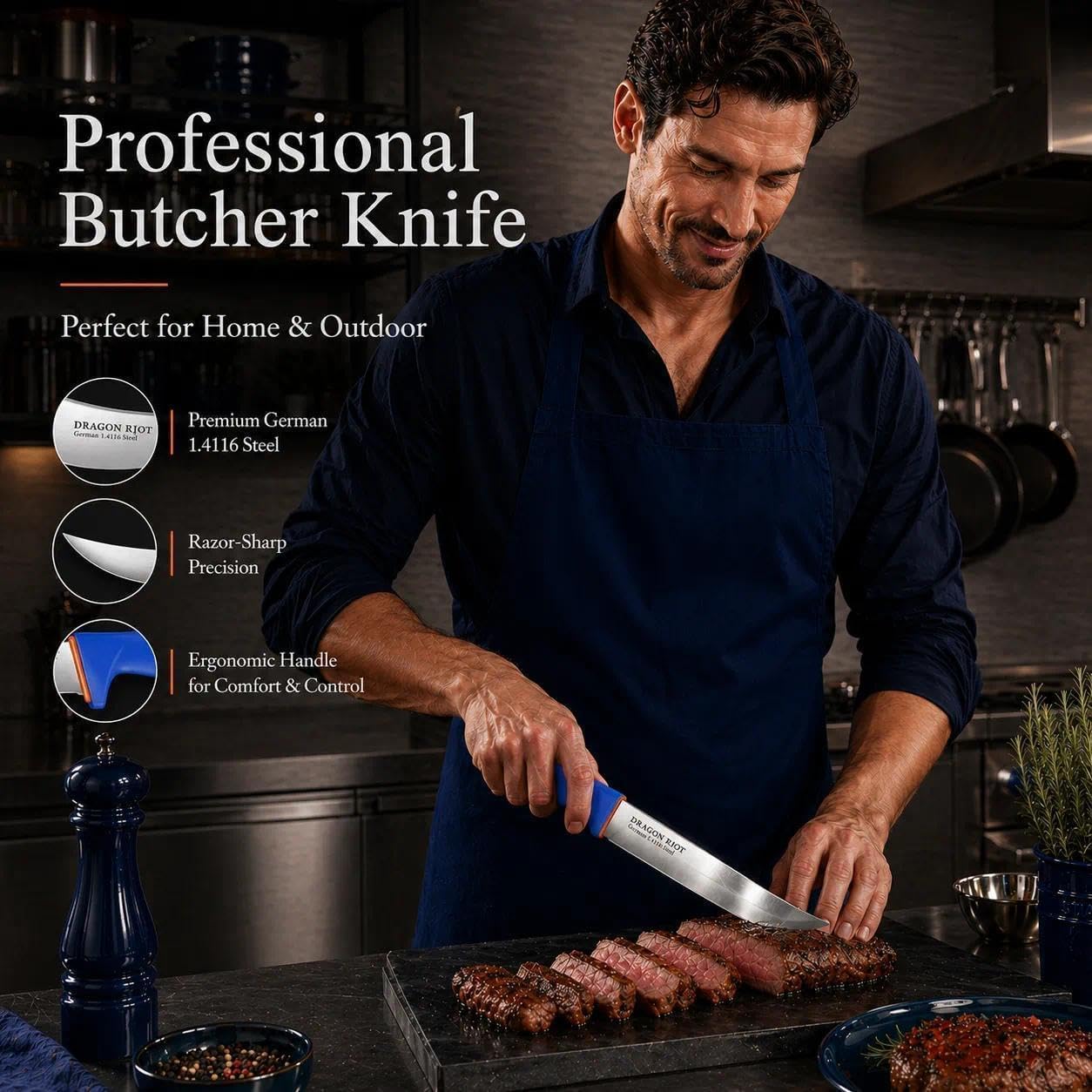 DRAGON RIOT 3 Pcs Butcher Knife Set, Stainless Steel Boning & Carving Knives, Sharp Kitchen Cutlery for Meat Cutting Trimming, Perfect for Home Kitchen, Outdoor Camping BBQ & Holiday Gift