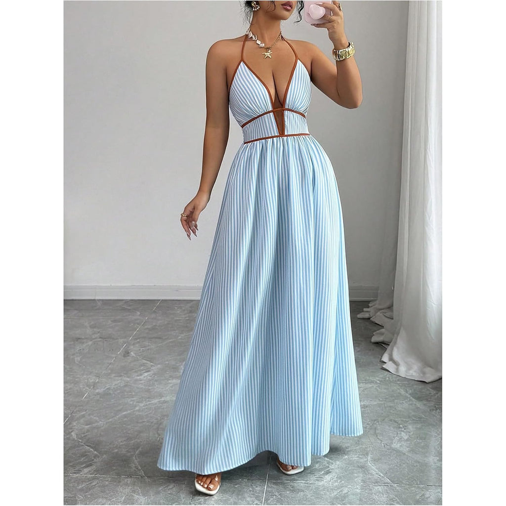 Floerns Women'S Striped Halter Maxi Dress Backless Smocked Beach Vacation Boho Dress