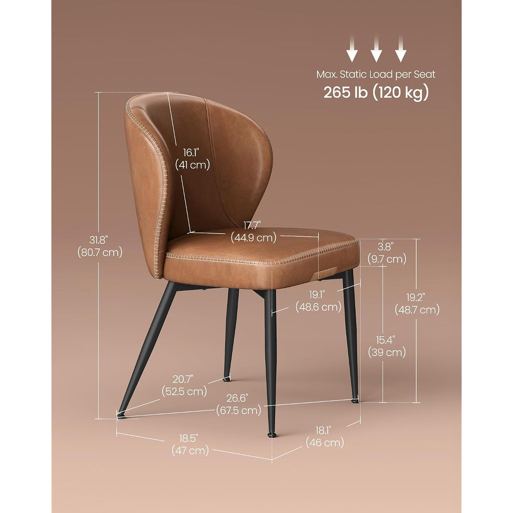 Vasagle Ekho Collection - Dining Chairs Set Of 2, Upholstered Kitchen Chairs, Comfortable Seat, Synthetic Leather With Stitching, Mid-Century Modern, Easy Assembly, Living Room Lounge, Caramel Brown