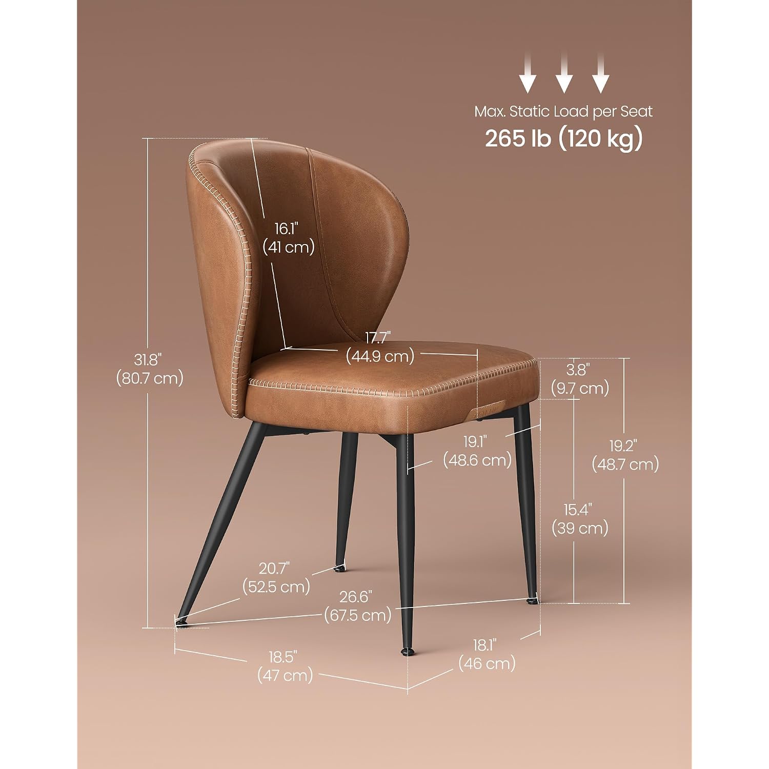 Vasagle Ekho Collection - Dining Chairs Set Of 2, Upholstered Kitchen Chairs, Comfortable Seat, Synthetic Leather With Stitching, Mid-Century Modern, Easy Assembly, Living Room Lounge, Caramel Brown