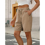 Womens Casual Loose Elastic Drawstring Summer Beach Bermuda Pocketed Shorts