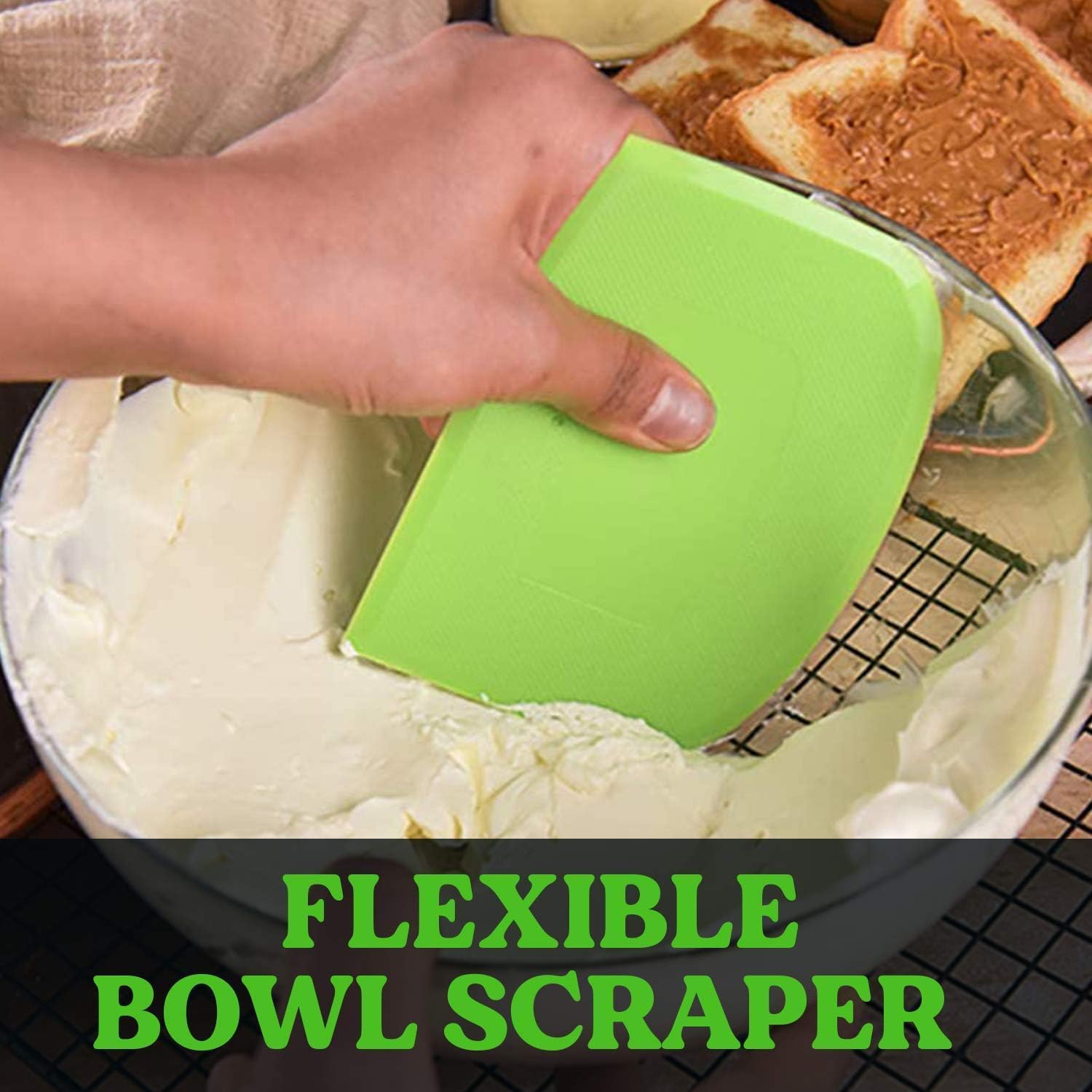Surdoca Dough Scraper Bench Scraper - 3P 4.7X3.7" Plastic Flexible Bowl Scraper, Sharp Edge & Angles Cake Scraper. Non-Slip Bakeware Decorating Tools Sculpting & Modeling Tools - Green+White+Green