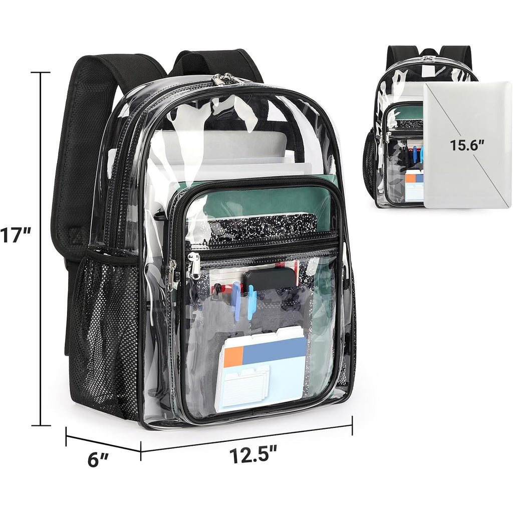 Clear Backpack Heavy Duty For School – 17In Transparent Pvc Bag With Large Capacity & Reinforced Straps For Men, Women, Boys & Girls - See Through Bookbag For College Workplace Security, Black