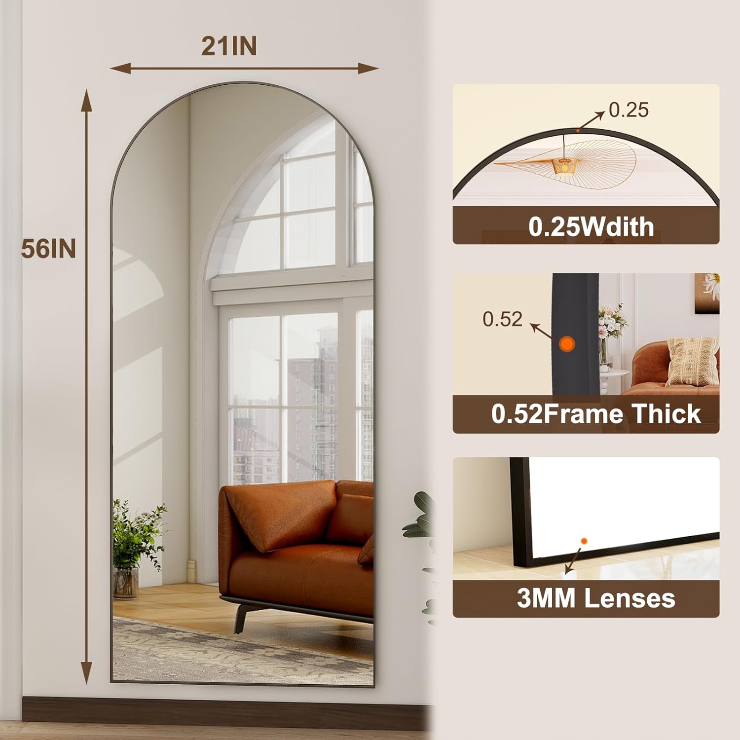 HARRITPURE 56"x21"Full Length Mirror Arch Floor Mirrors with Aluminum Alloy Frame Free-Standing Wall Mounted or Leaning Large Bedroom Dressing Mirror Modern & Contemporary Decor for Home,Black