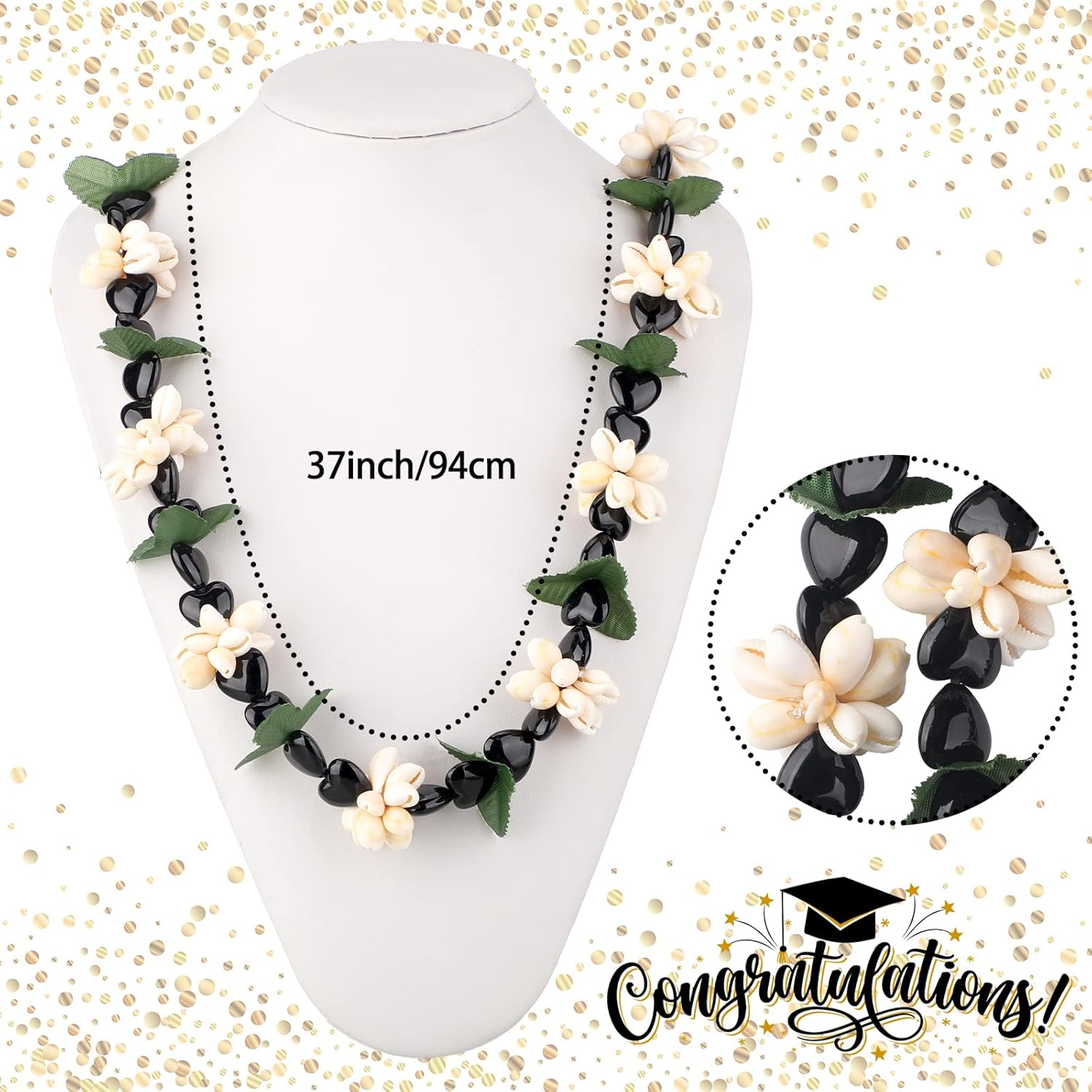 Rtteri Graduation Kukui Nuts Lei Hawaiian Leis with Cowrie Shell Faux Leaf 32'' Adjustable Luau Party Accessories for Men Women