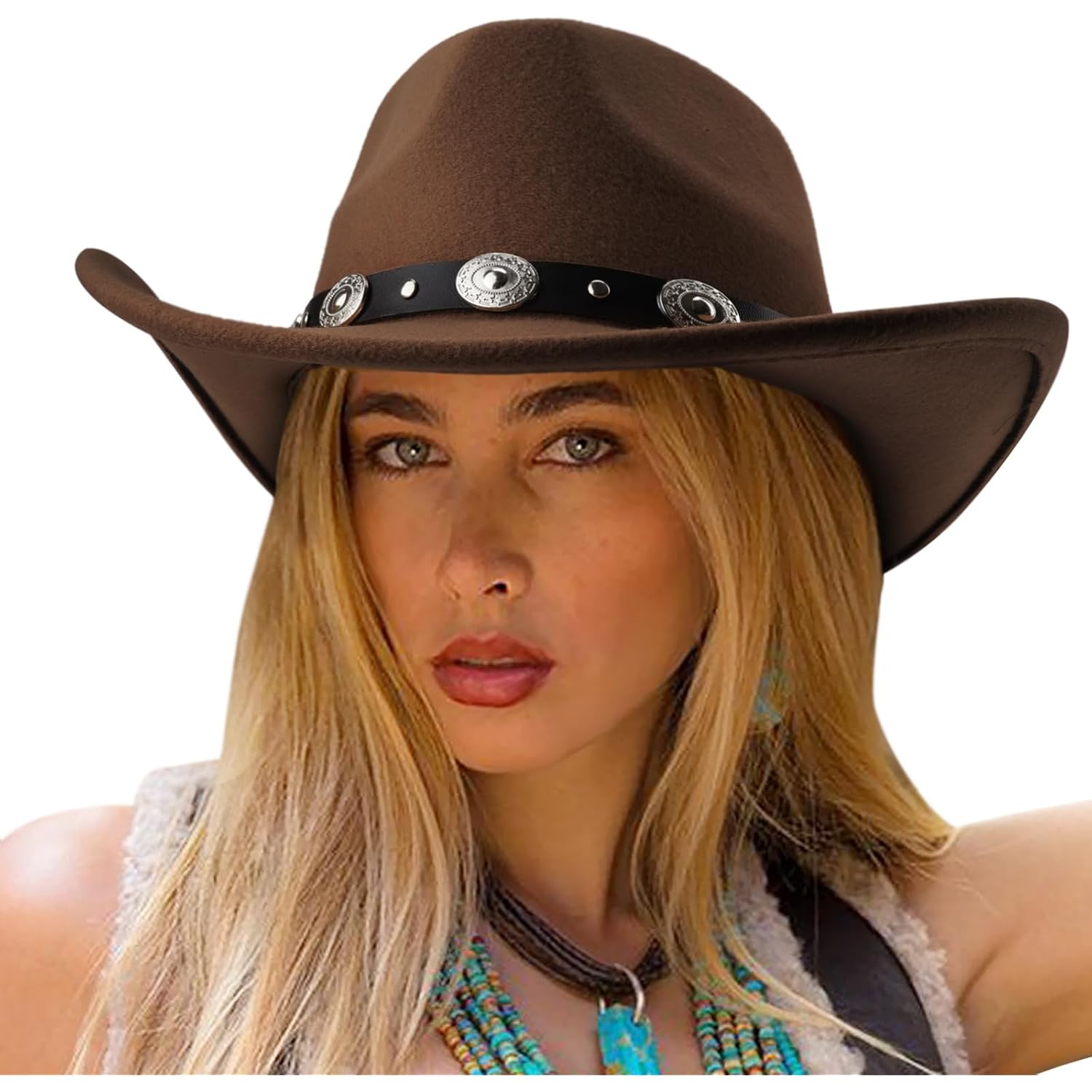 DRESHOW Women Men Classic Felt Wide Brim Western Cowboy & Cowgirl Cap Belt Buckle Retro Panama Hat Unisex Rolled up Caps 1 Pack: Coffee (Hat Circumference: 22-22.8")