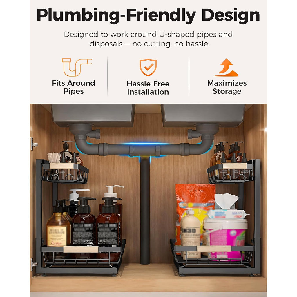 2-Pack 2-Tier Height Adjustable Under Sink Organizer & Storage | Multi-Purpose Storage For Kitchen & Bathroom Cabinet. Large Black Shelf, Height Adjustable Design For Space-Saving.