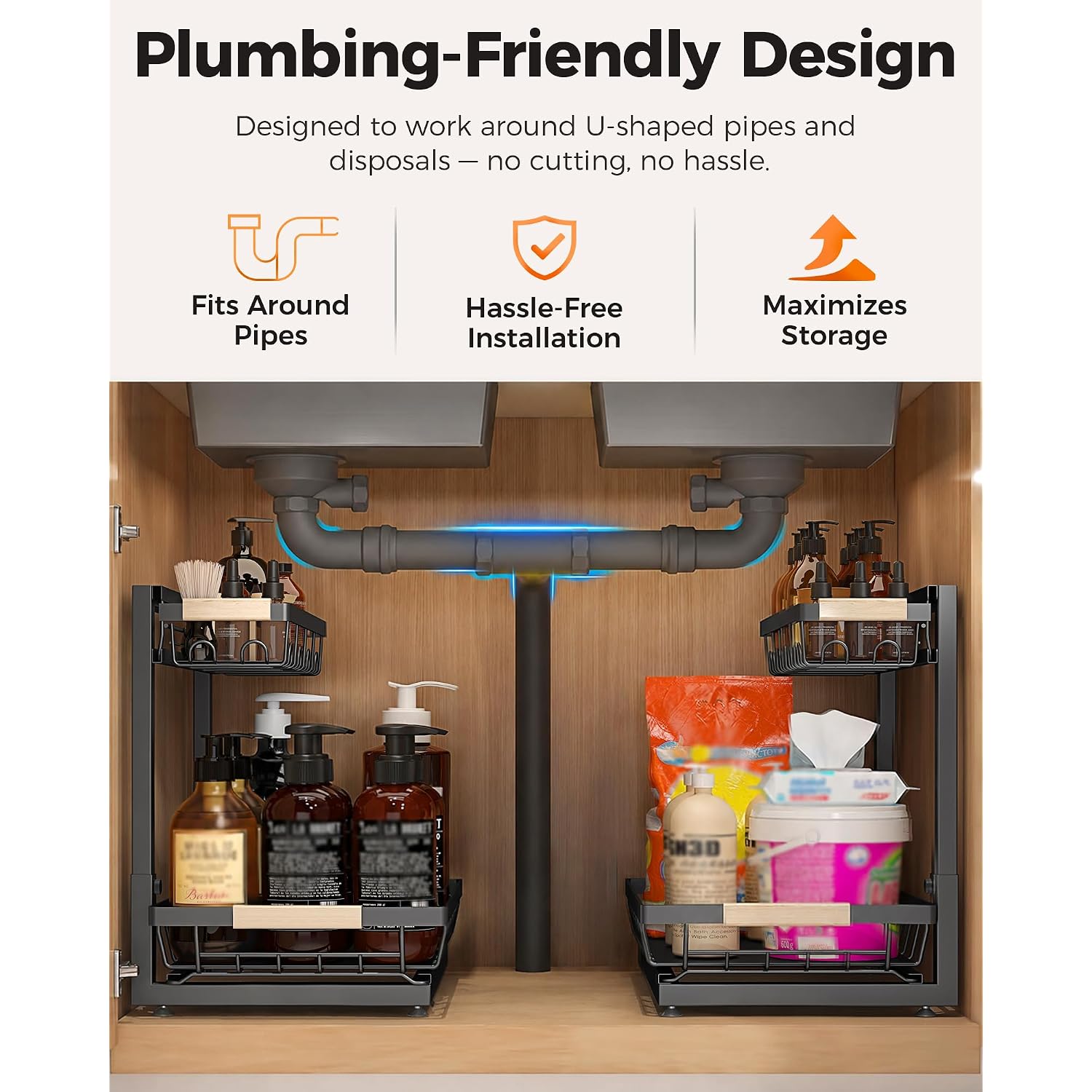 2-Pack 2-Tier Height Adjustable Under Sink Organizer & Storage | Multi-Purpose Storage For Kitchen & Bathroom Cabinet. Large Black Shelf, Height Adjustable Design For Space-Saving.
