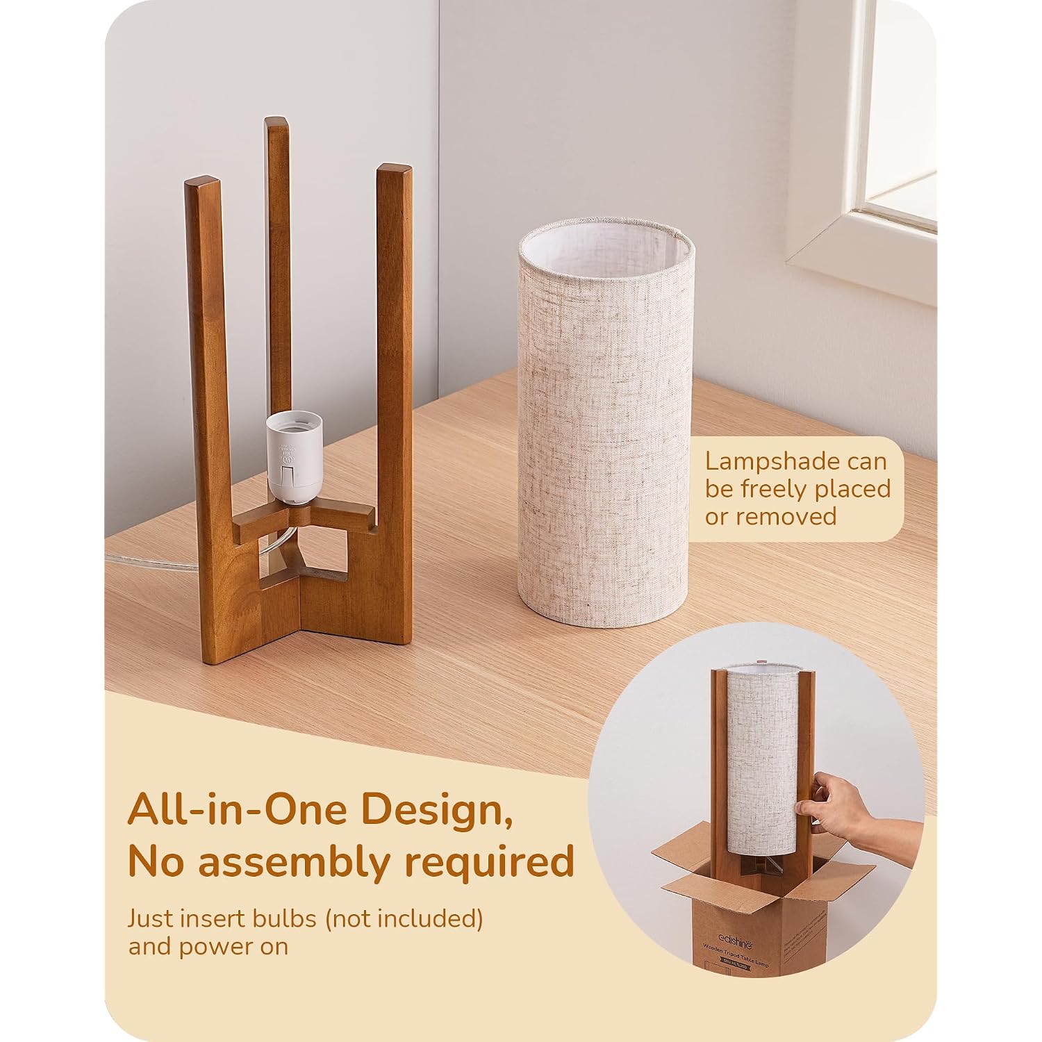 Edishine 13.5" Small Table Lamp, Walnut Wood Cylinder Nightstand Lamp For Bedroom, Beige Linen Shade, Corner Modern Bedside Lamp For Living Room, On-Off Line Switch, E26 Base (Bulb Not Included)