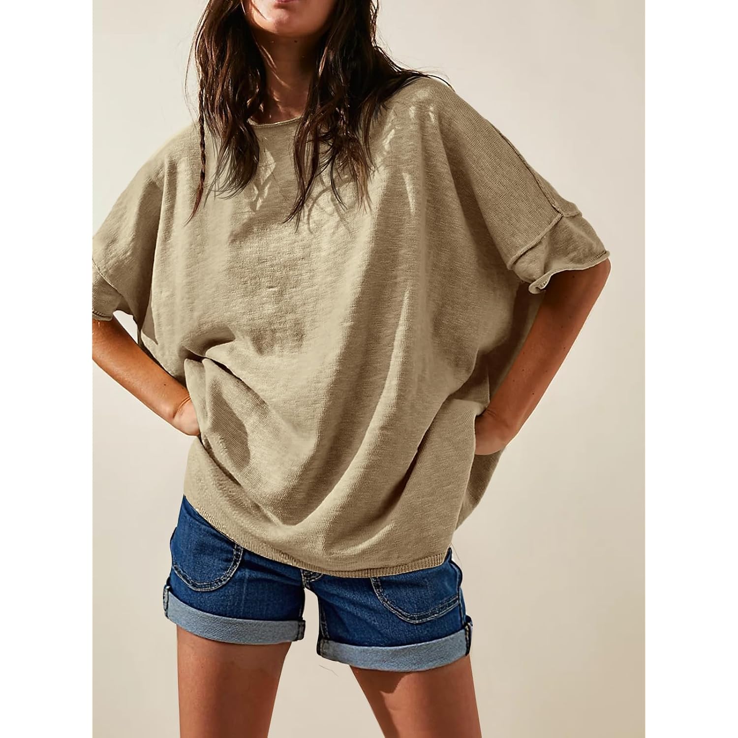 Tankaneo Women's Oversized T Shirts Casual Summer Crew Neck Loose Dropped Short Sleeve Side Slit Hem Blouse Tunic Tops