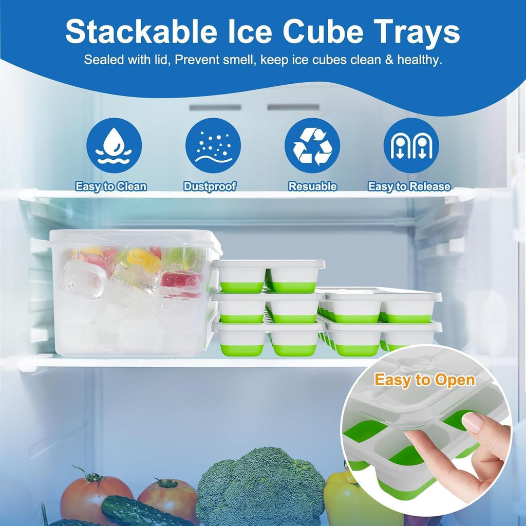 Ice Cube Trays With Lids For Freezer, 4 Pack Silicone Set, 56 Cubes | Easy-Release Reusable Ice Molds, Sturdy Pp Frame, Bpa-Free; Stackable & Dishwasher Safe For Whiskey, Cocktails & Baby Food