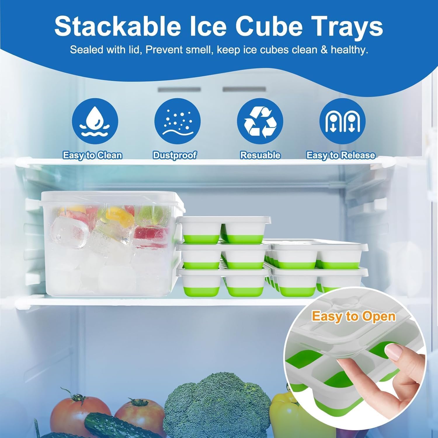 Ice Cube Trays With Lids For Freezer, 4 Pack Silicone Set, 56 Cubes | Easy-Release Reusable Ice Molds, Sturdy Pp Frame, Bpa-Free; Stackable & Dishwasher Safe For Whiskey, Cocktails & Baby Food