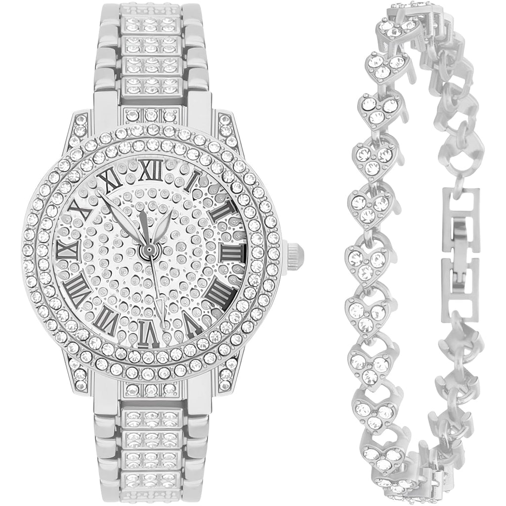 NEWITIN 2 Pieces Women Diamond Watch Bracelet Set Luxury Fashion Jewelry Cubic Zirconia Wristwatch Bracelet Gold Watch Jewelry Set for Women