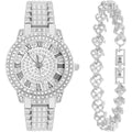 NEWITIN 2 Pieces Women Diamond Watch Bracelet Set Luxury Fashion Jewelry Cubic Zirconia Wristwatch Bracelet Gold Watch Jewelry Set for Women