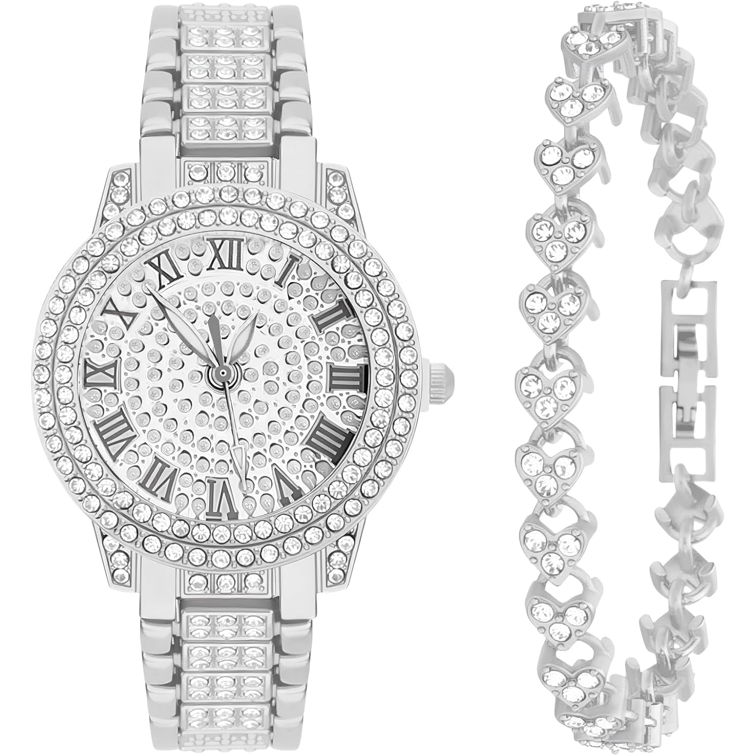 NEWITIN 2 Pieces Women Diamond Watch Bracelet Set Luxury Fashion Jewelry Cubic Zirconia Wristwatch Bracelet Gold Watch Jewelry Set for Women