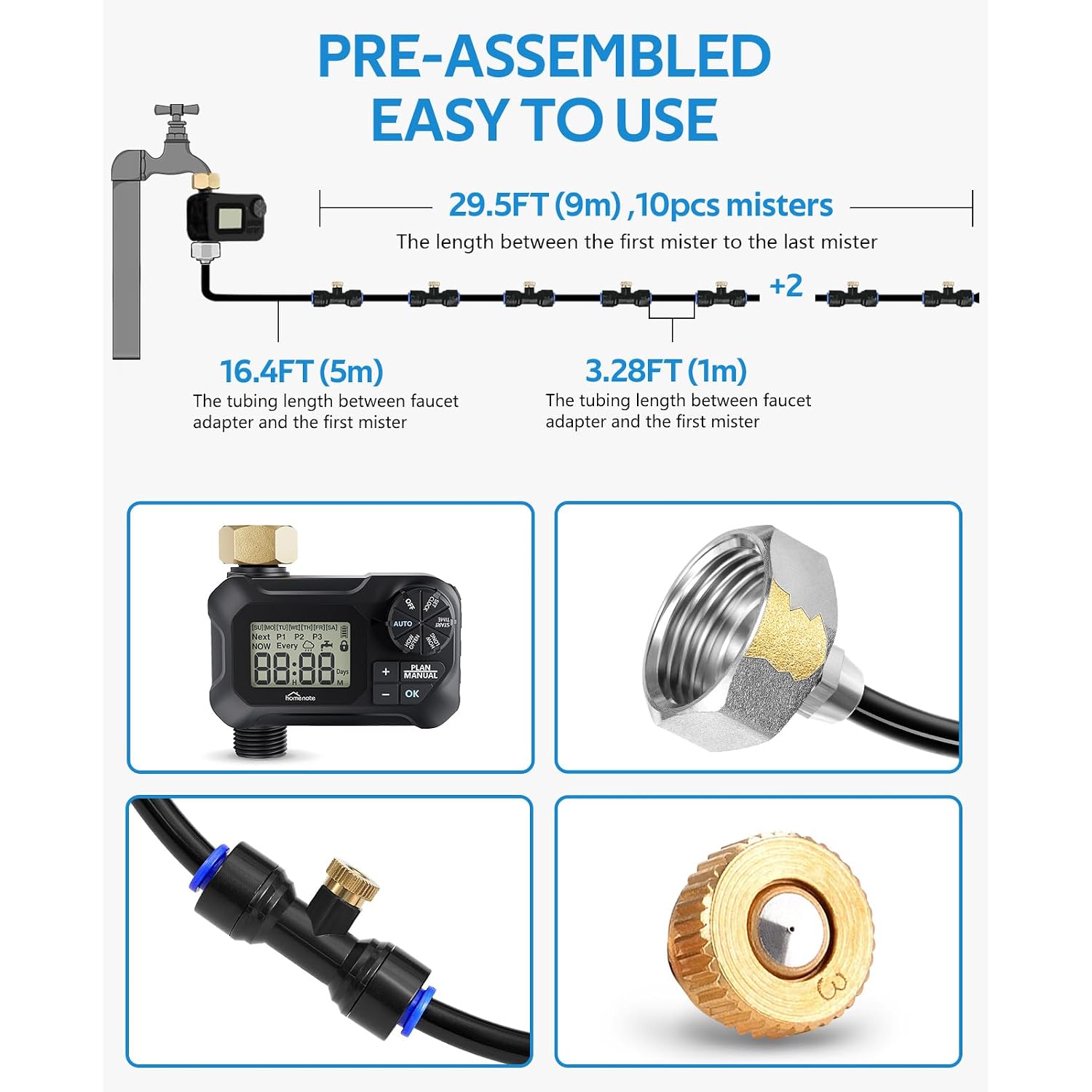 Automatic Misting Cooling System With Timer, 46Ft Misting Line | 10 Brass Nozzles, 3/4" Brass Adapter, For Patio Misting, Grenhouse Watering & Chicken Coop Cooling