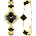 2 Pieces Women Gold Watch Bracelet Set Lucky Clover Bracelet Watch Jewelry Set 18K Gold Plated Wristwatch Flower Design Four Leaf Bracelets for Women