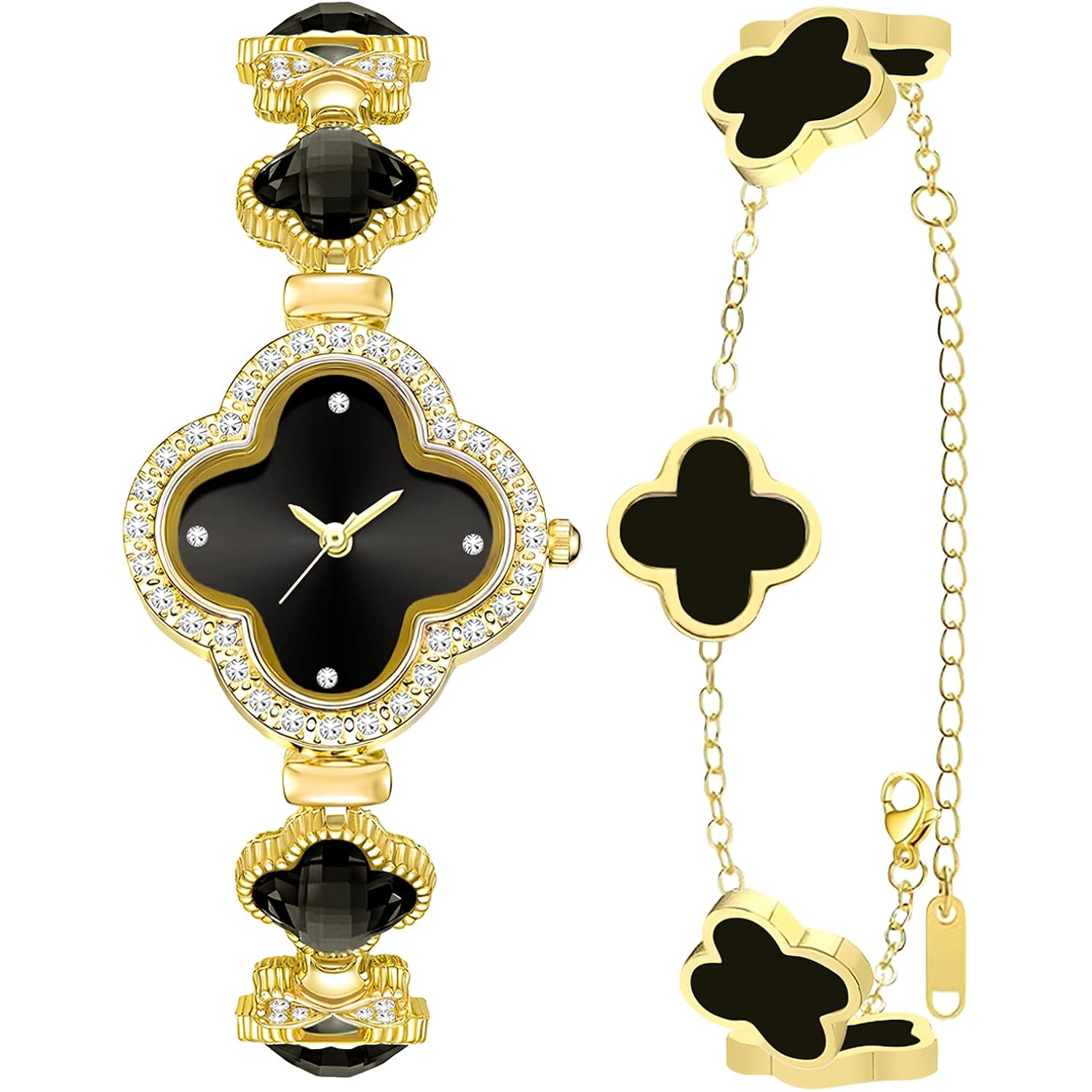 2 Pieces Women Gold Watch Bracelet Set Lucky Clover Bracelet Watch Jewelry Set 18K Gold Plated Wristwatch Flower Design Four Leaf Bracelets for Women