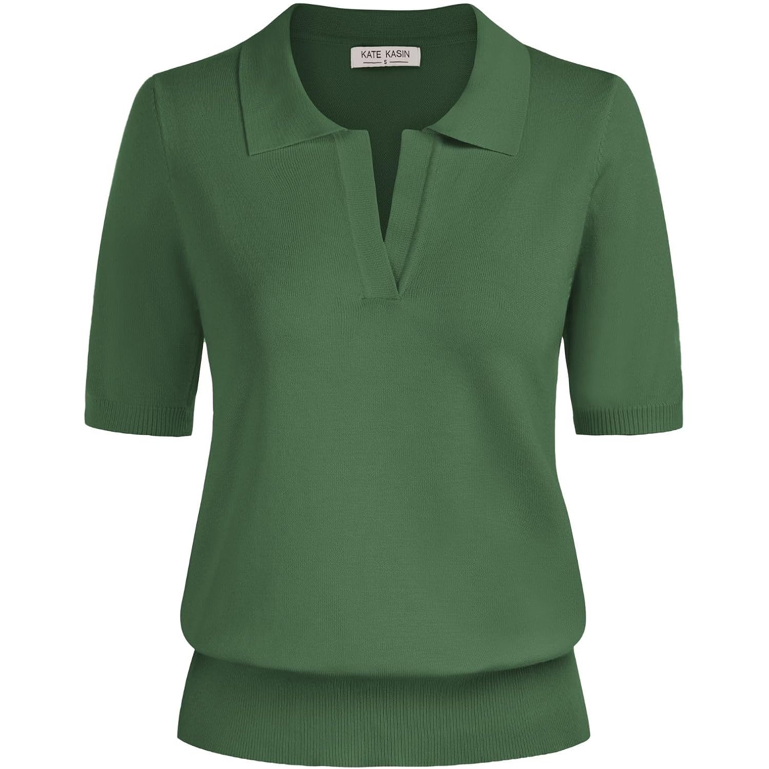 Kate Kasin Women Short Sleeve Polo Sweater V Neck Knitted Tops Casual Ribbed Shirt Loose Pullover Sweater