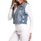 Miss Moly Women'S Ripped Denim Vest Cropped Distressed Classic Sleeveless Jean Vest Jackets With Flap Pockets