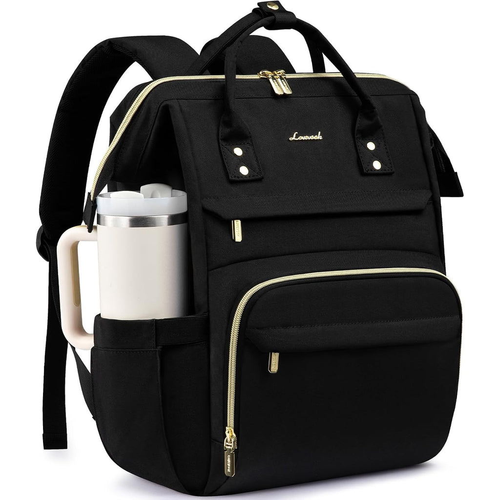 Lovevook Laptop Backpack For Women With Giant Tumbler Holder Pocket,15.6 Inch Waterproof Travel Backpack Purse Computer Laptop Bag,Professional Work College Nurse Teacher Backpack Casual Daypack,Black