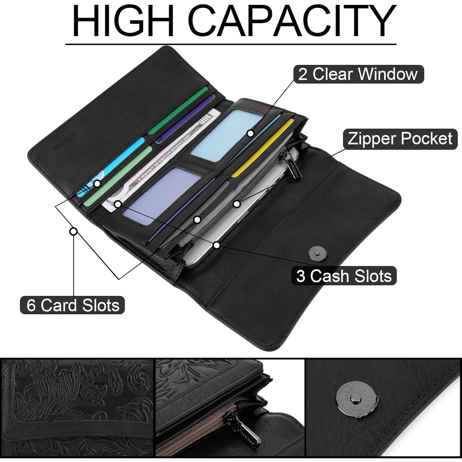 MEITRUE Women's Wallet Leather RFID Blocking Trifold Ladies Purse Embossed long Clutch Card Holder Phone Checkbook Organizer