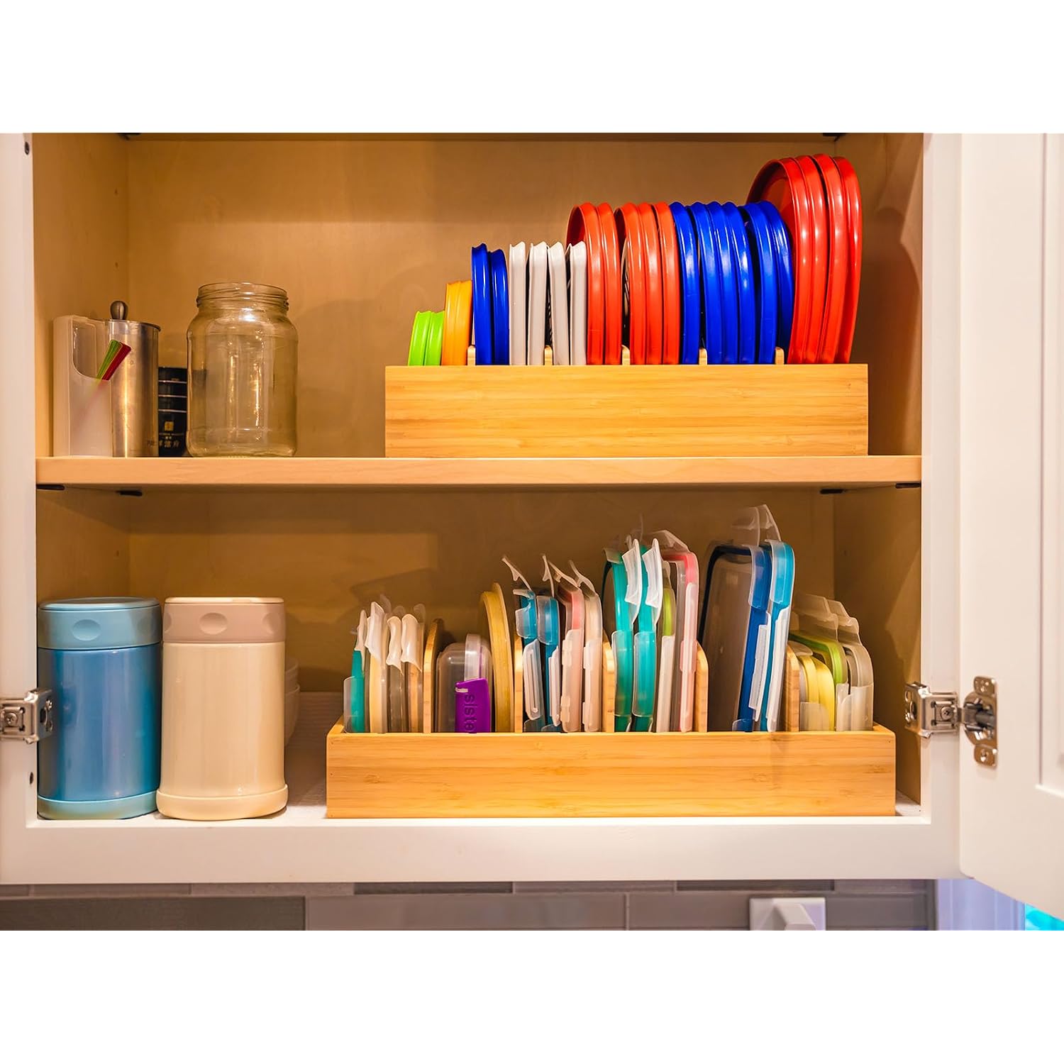 Large Bamboo Food Container Lid Organizer For Kitchen Cabinet | Adjustable Slots - Premium Bamboo, Pretty Color - Sturdy Versatile Caddy For Snack, Spice In Drawer - Anti-Skid Silicone Pads